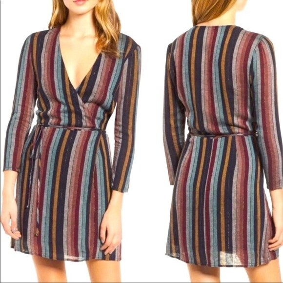 Rails Metallic Lola Varadero Long Sleeve Striped Metallic Wrap Dress NEW S - Picture 1 of 7